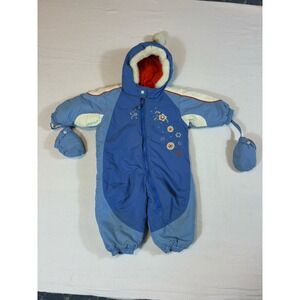 Gagou Tagou Infant Baby Girl Snowsuit 12M Blue Floral‎ One Piece Bunting Mittens